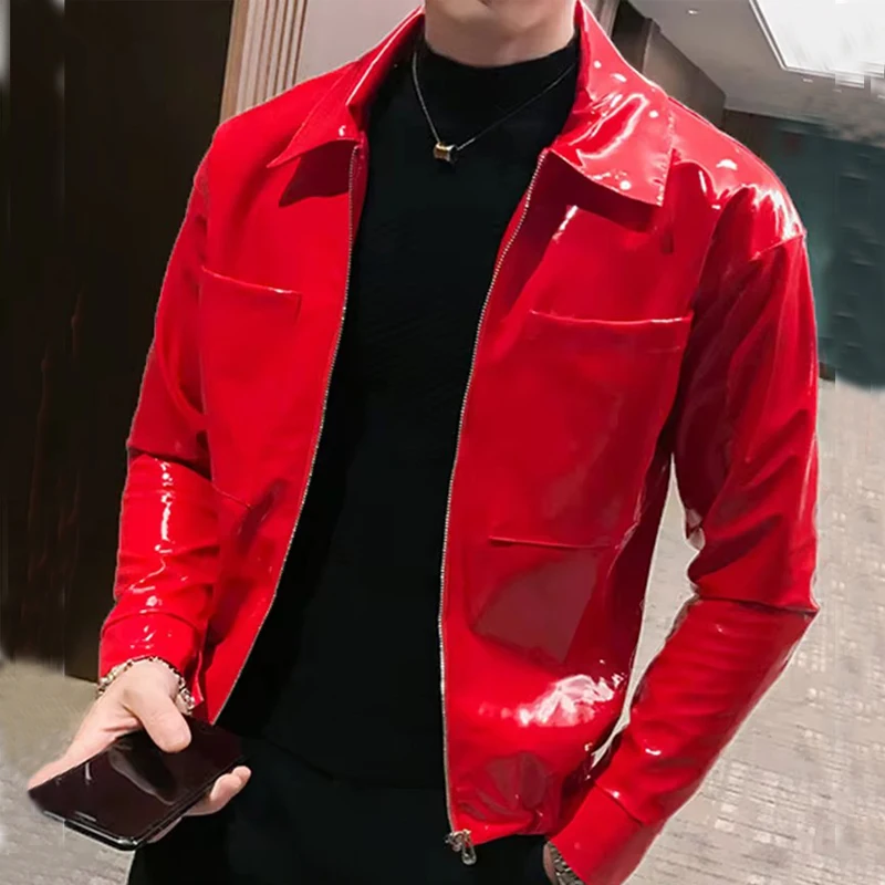 Chaqueta de cuero Punk roja de invierno para hombre, ropa de calle de moda coreana a prueba de viento, abrigo Bomber de piel sintética brillante,