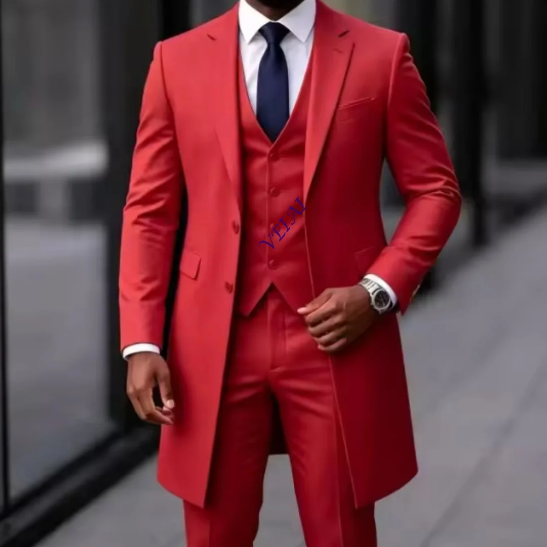 CustomizedLuxury Long Wedding Suits Men Groomsmen Three‑Pieces Notch Lapel Groom Tuxedo Custom Made Jacket Vest Pants Prom Eveni