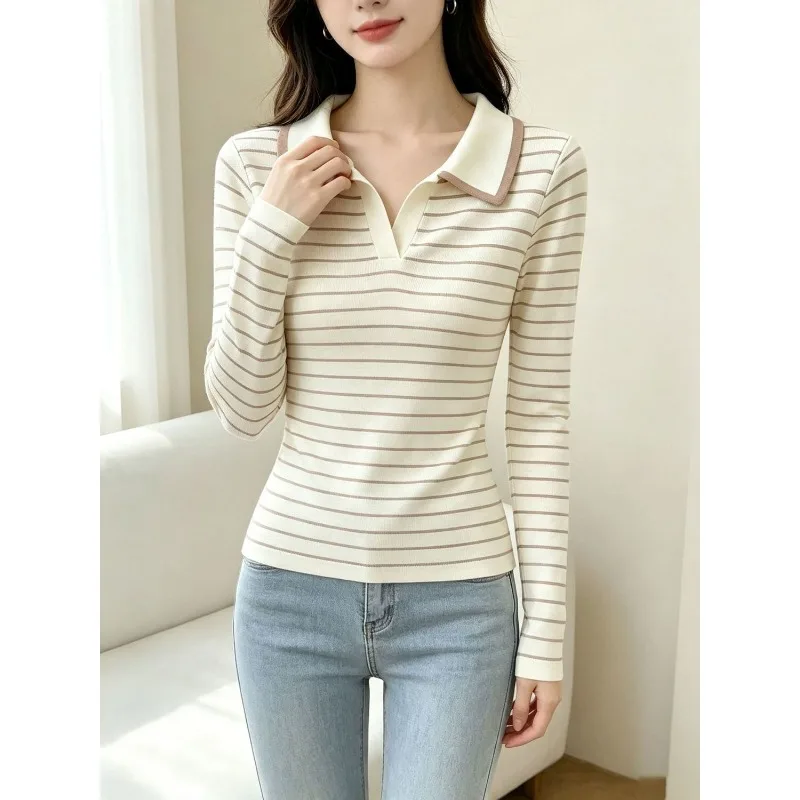 Women Polo Collar Stripe Long Sleeve Top Soft Korean Style Commuter Cotton Casual Undershirt