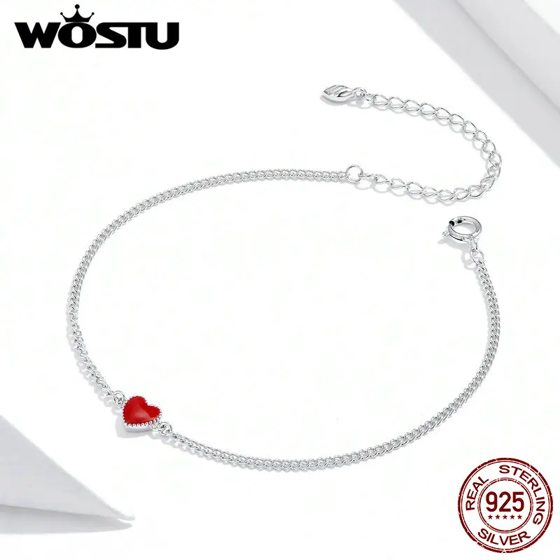 WOSTU Real 925 Sterling Silver Simple Red Heart Chain Bracelets Adjustable Lovely Links Birthday Jewelry Special Anniverary Gift