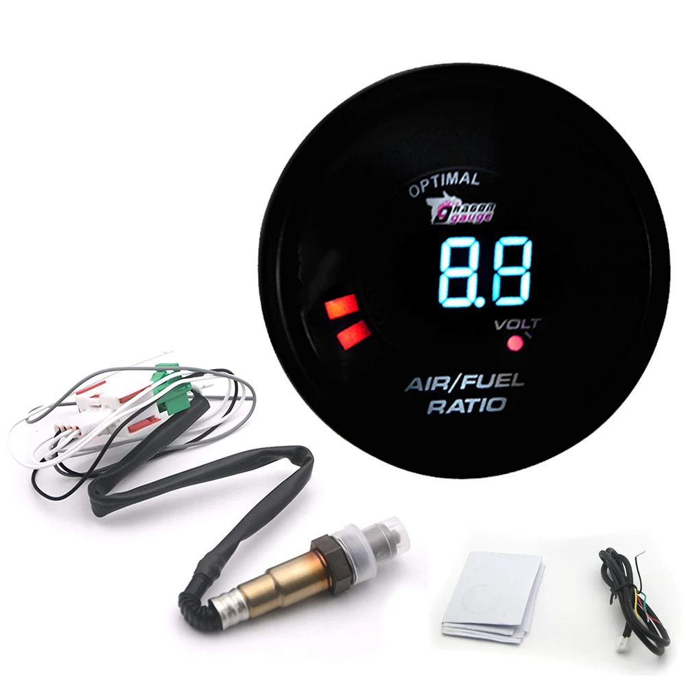 

2 in 1 52MM Narrowband Digital Air Fuel Ratio Gauge Kit 12V Car Voltmeter with O2 Oxygen Sensor, Black Plastic Material, 0-1V