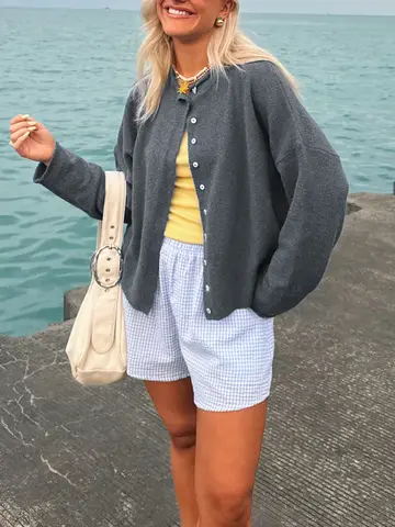 Nya Damkläder Lösa Långärmade Söta Stickade Kofta Kappa Höst Vinter Enkelhet Livlig Söt V-ringad Mjuk Topp T-shirt Femme 8 best sales fluffig kofta - №4