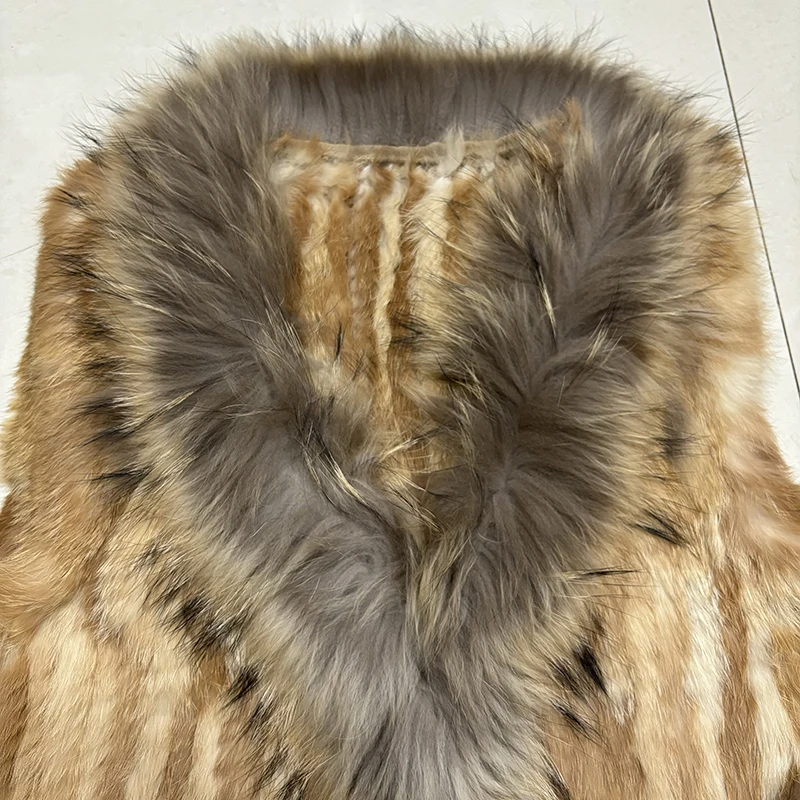 Hot Sale Women Knitted Real Rabbit Fur Vest Warm Genuine Fur Gilets Female Causual Raccoon Fur Collar Waistcoat