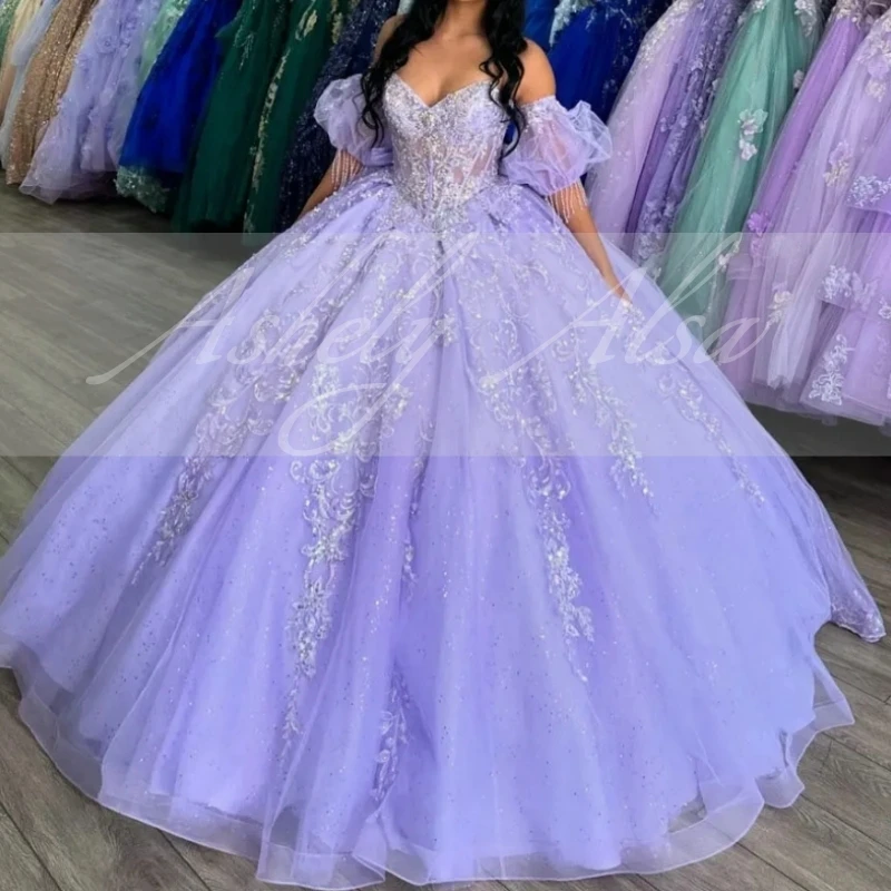 Customized Lilac 15 Year Girl Quinceanera Dress Ball Gown Cap Sleeve Lace Applique Bow Long Women Prom Birthday Party Dress 2025