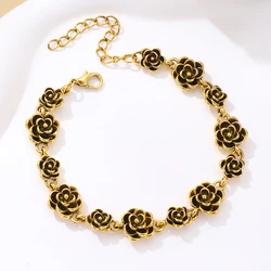 Vintage Carved Rose Flower Chain Bracelet Bangle For Women Geometric Handmade Link Adjustable Bracelets Wedding Party Jewelry