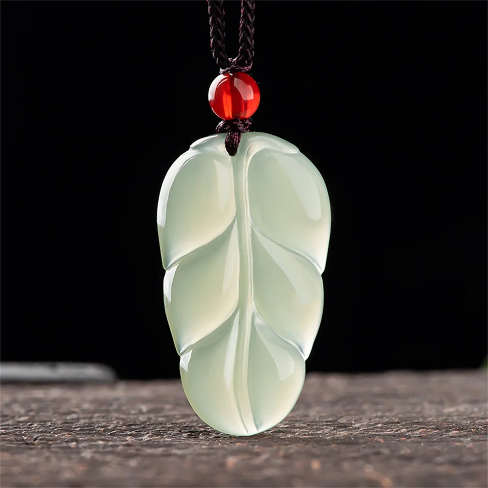 Vintage Natural Ice White HeTian Jade Carved Charm Tree Leaf Lucky Pendant Amulet Necklace Certificate Luxury Jade Jewelry