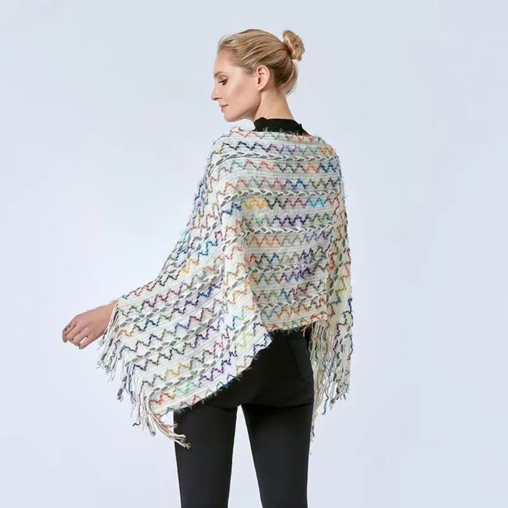 

Модный вязаный пуловер в этническом стиле, шаль, зимняя теплая элегантная полосатая шаль с кисточками, монгольское пончо, женская мода