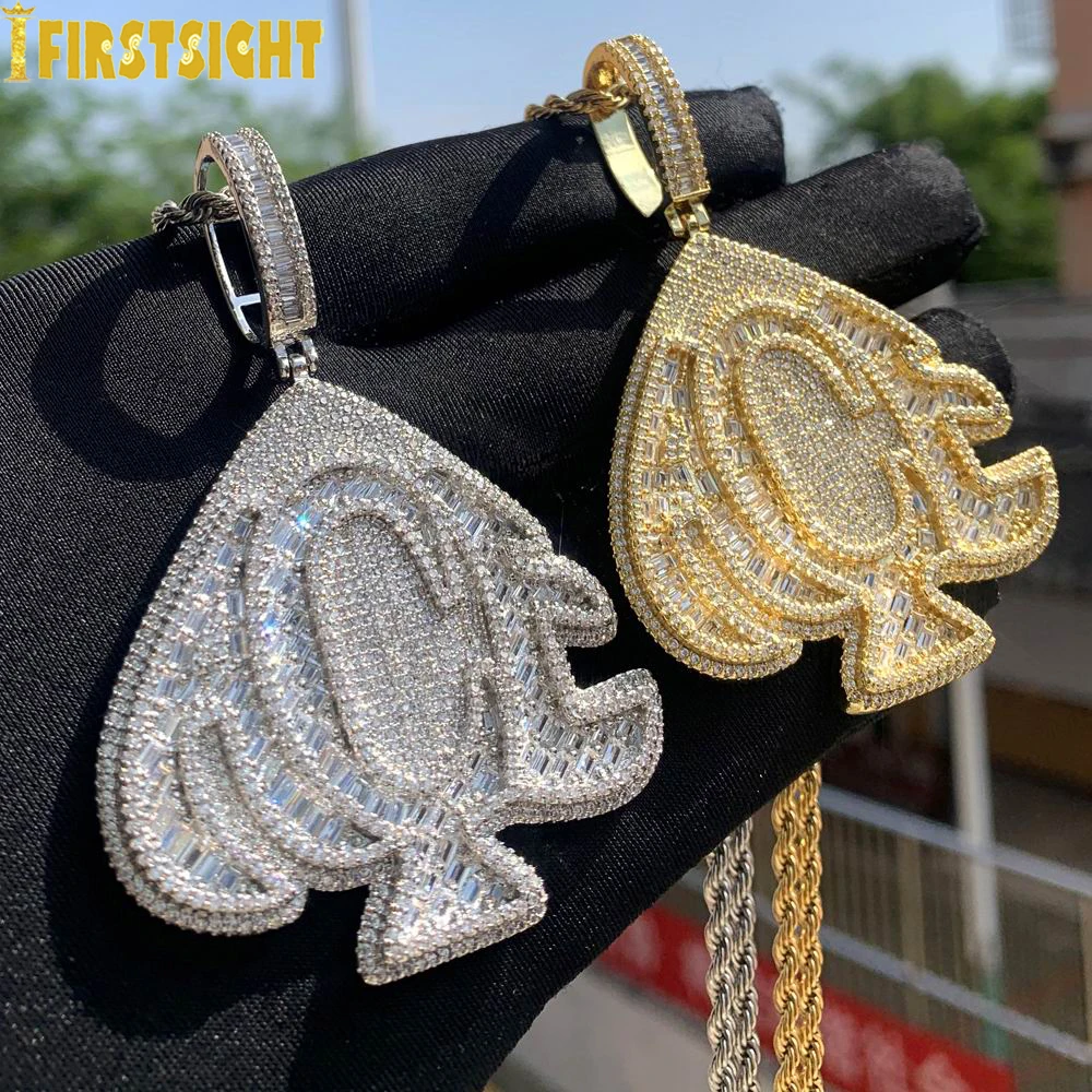 New Iced Out Bling ACE Pendant Necklaces Gold Silver Color 5A Zircon Heart Letters Charm Men's Hip Hop Jewelry