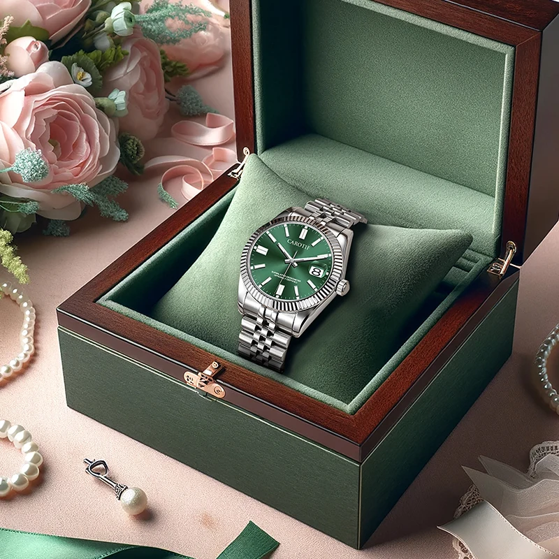 

A women's silver-green stylish minimalist elegant versatile calendar mechanical watch