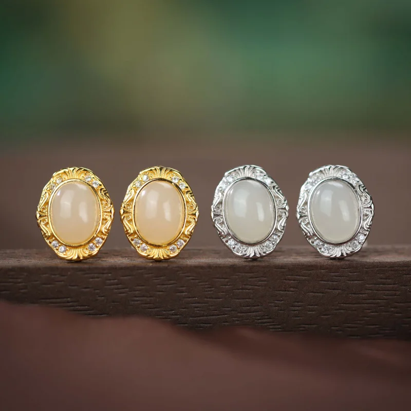 

S925 Sterling Silver Gold Plated Hetian Jade Earrings Ear Studs Lace