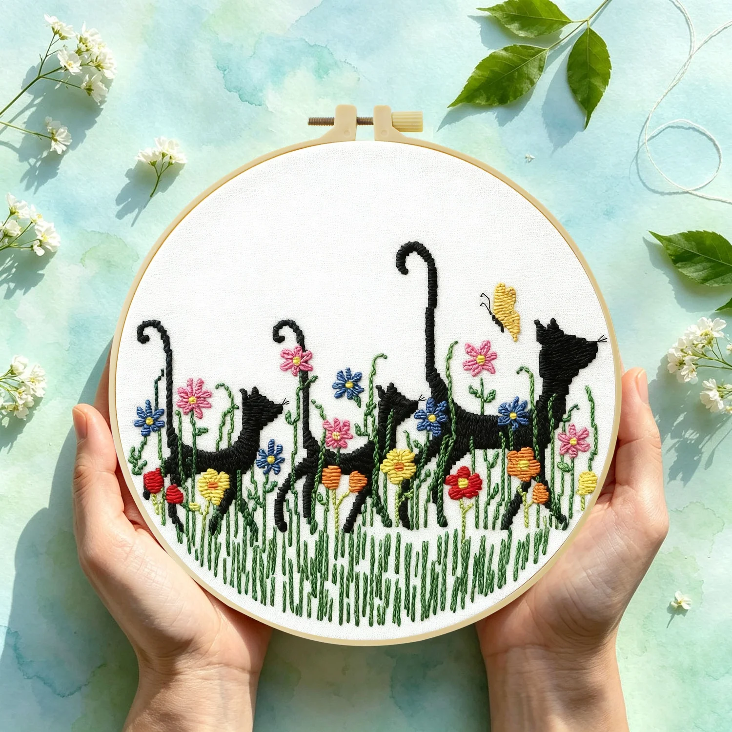 Drei Katzen im Blumenfeld 1 Stück DIY-Stickmaterial-Set für Anfänger Stick-Starter-Kit Kreuzstich-Kunst als Geschenk Nadelarbeit