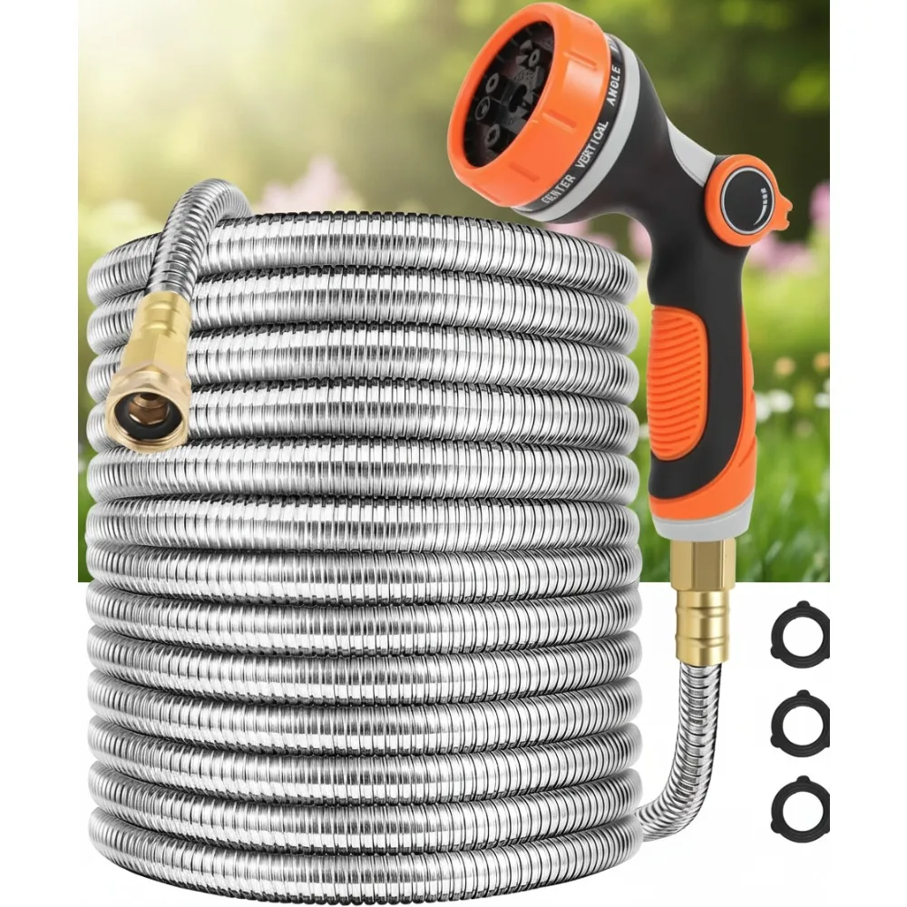 

50ft Stainless Steel Garden Hose with 10-Function Nozzle, Flexible Kink-Free Water Hose for Yard & Car Washing