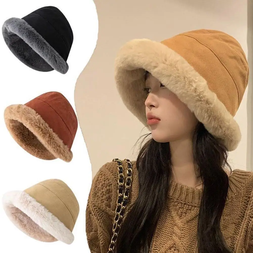 Women's Fluffy Winter Bucket Hat Warm And Fashionable Soft With Design Cold Thick Weather Plush Plush Lining And D5j1