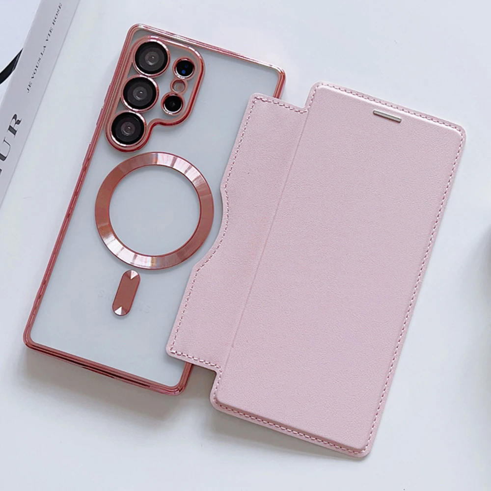 Magnetic Flip Leather Card Slots Holder For Magsafe Phone Case For Samsung S26 S25 Edge S24 S23 Ultra S22 Plus Clear Plated Caps