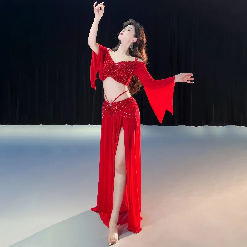 Women Belly Dance Costume Set Mesh Long Sleeves Top Long Skirt Training Suit Oriental Belly Dancing Wear Outfit Cosplay Clothing view 5