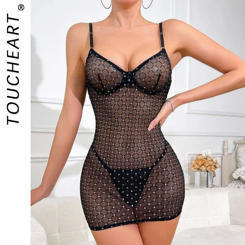 

Toucheart Sexy Lingerie Set Women Mesh Patchwork Grid Sling Dress Sexy Lace Up Hollow Out Mesh Perspective Strap Backpack Dress