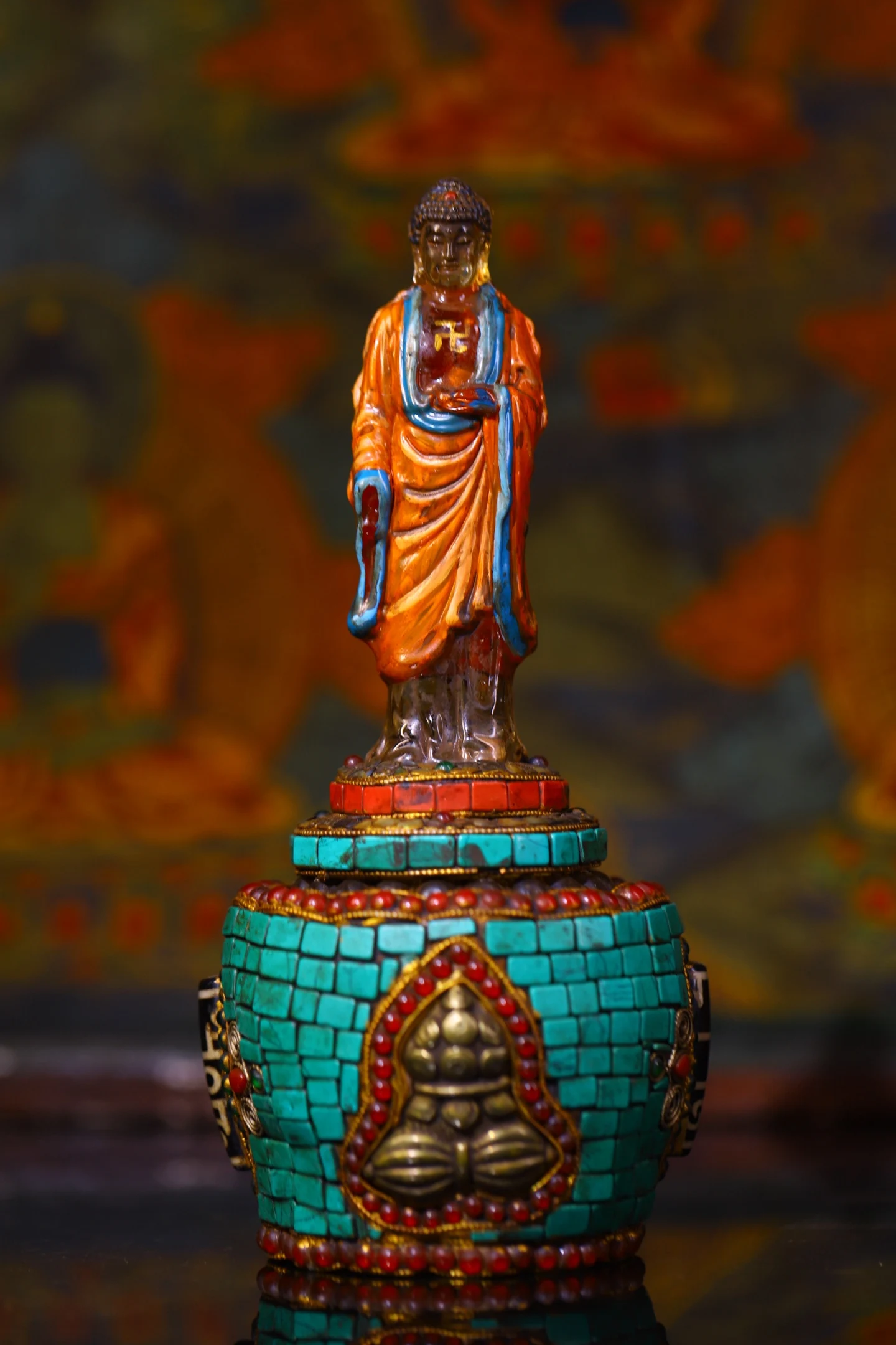 

9"Tibetan Temple Collection Old Natural Crystal Painted Mosaic Gem gZi Beads Turquoise Sakyamuni Buddha Buddha Terrace