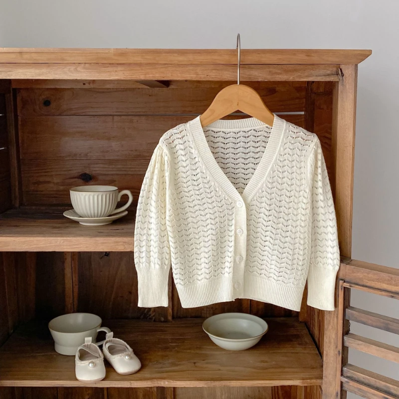 Summer Thin Cardigan For Girls and Babies Small Coat For Sun Protection Air Conditioning Shirt Hollow Knit Sweater