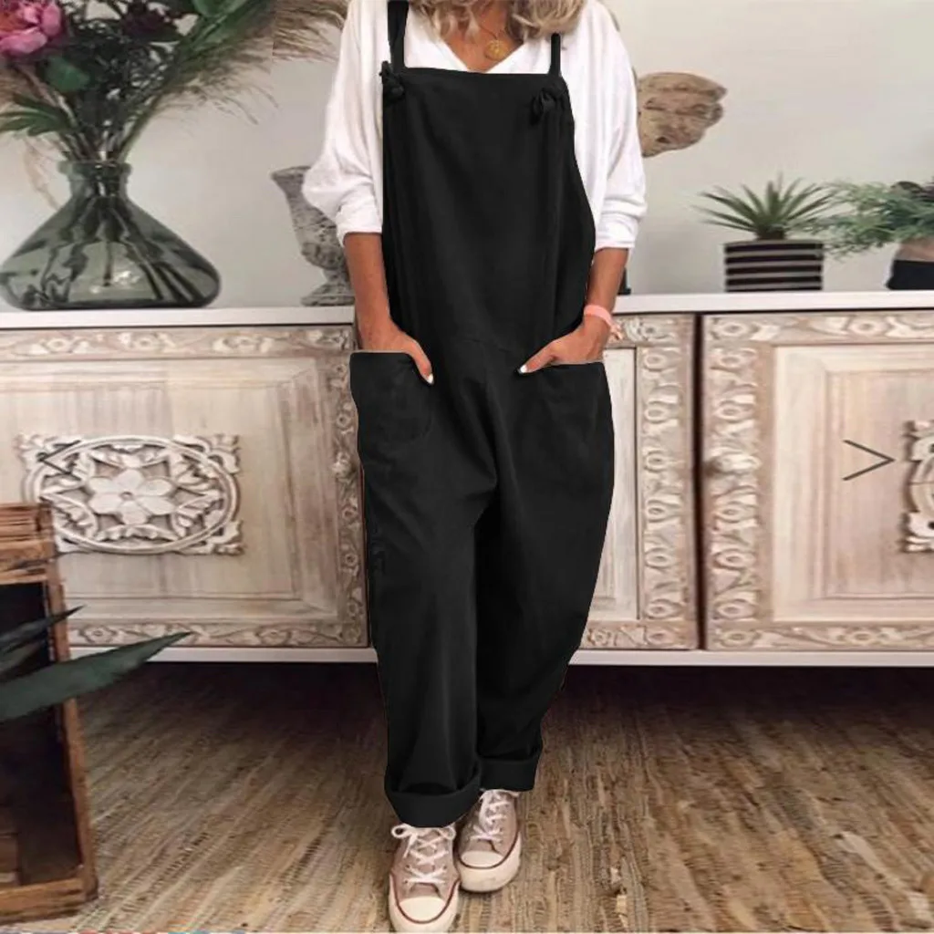 

Womens Plus Size Overalls Solid Color Women Loose Knot Tie Cotton Linen Jumpsuit Women Loose Fit Fashion Comforts Monos Largos