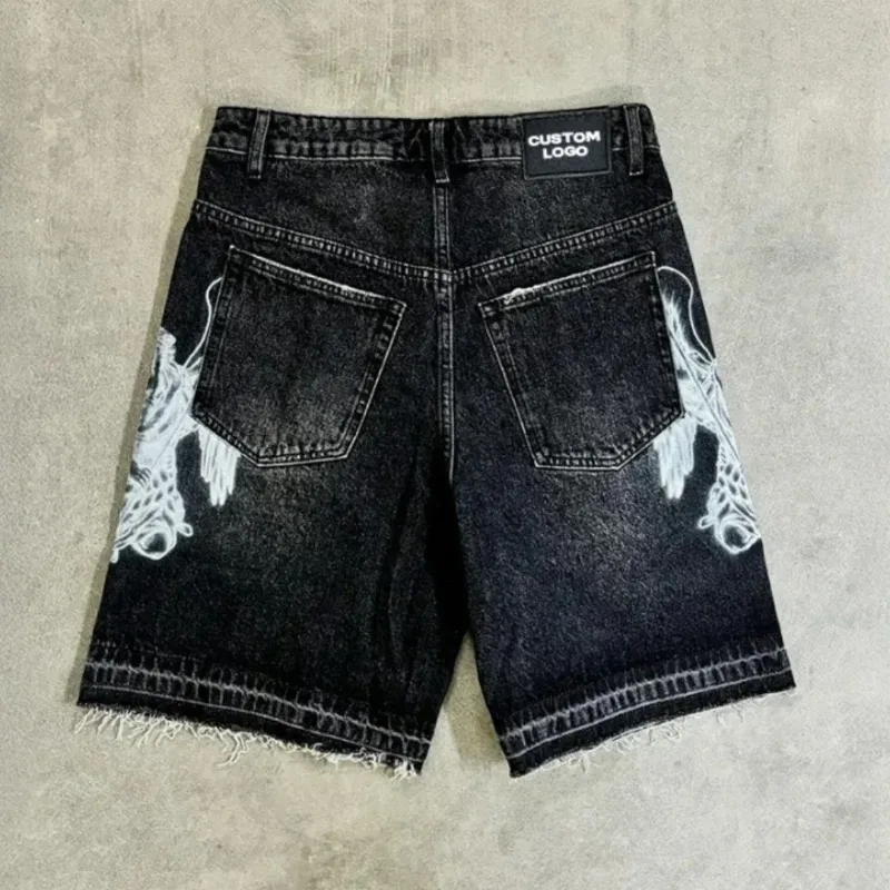 Deeptown Black Gothic Graphic Jorts Y2K Anime Grunge Denim Shorts Men Woman Goth Punk Hip Hop Street Fashion Loose Jort Harajuku