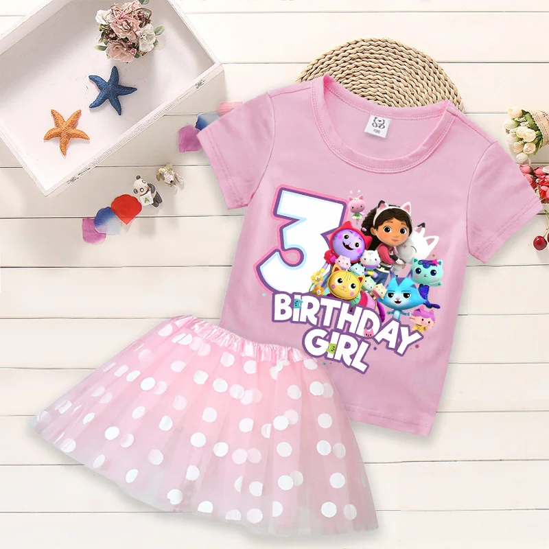 

Футболка для девочек Gabby Dollhouses на день рождения, комплект детской одежды, платье принцессы для косплея, футболки с принтом цифр, юбка, детская одежда, подарок