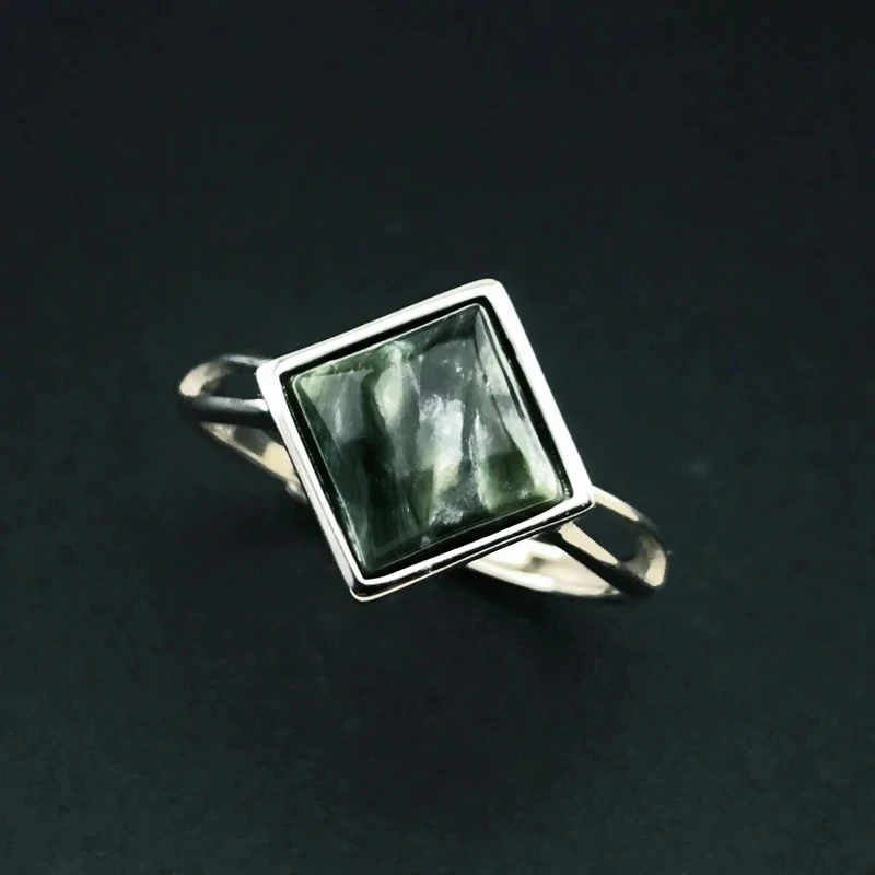 Trendy Natural Seraphinite Ring Sterling 925 Silver Square 8mm for Women Femme Birthday Wedding Party Trendy Jewelry Gift