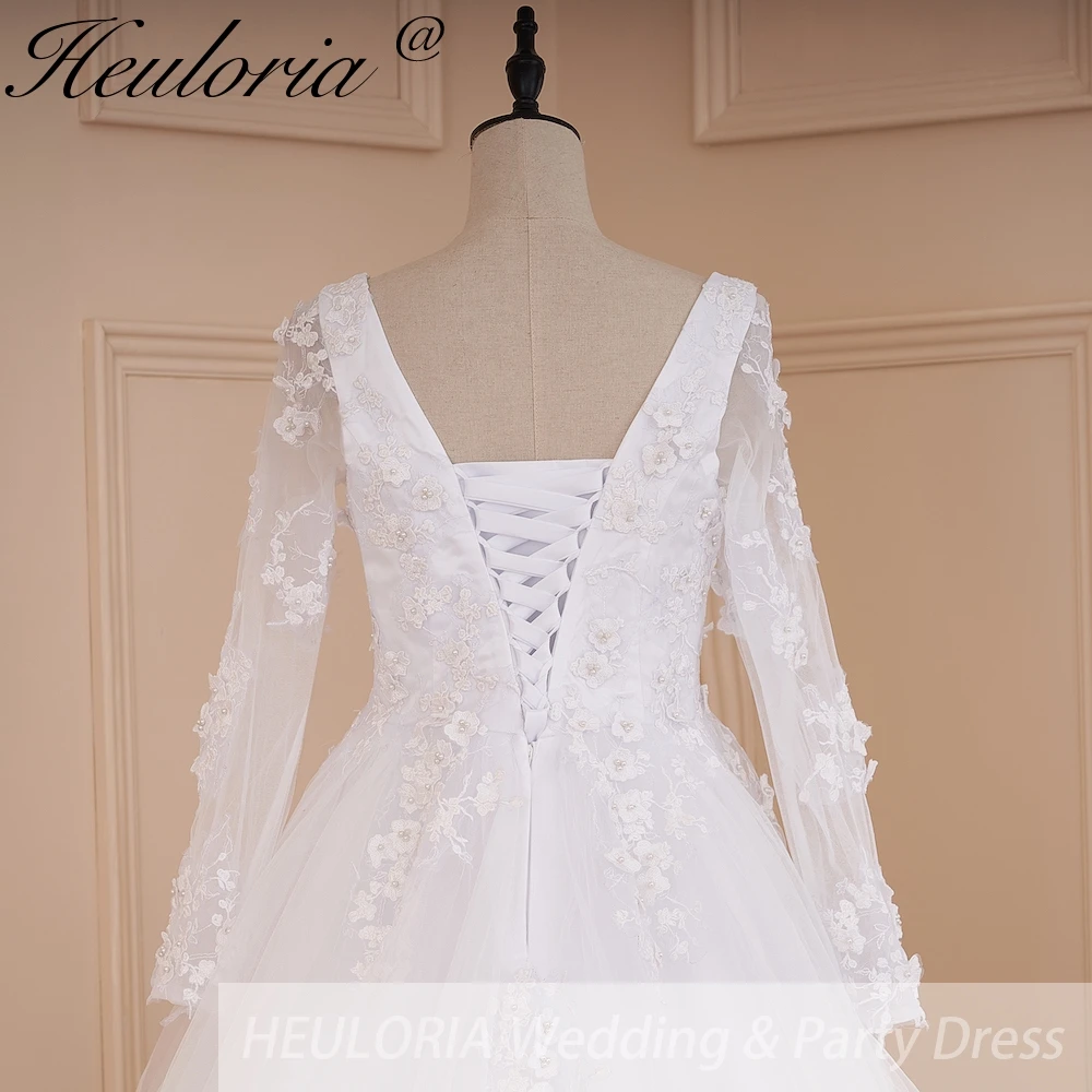 HEULORIA elegant A line wedding dress long sleeve lace applique bride dress Robe De Mariee Wedding Bride Dress long train