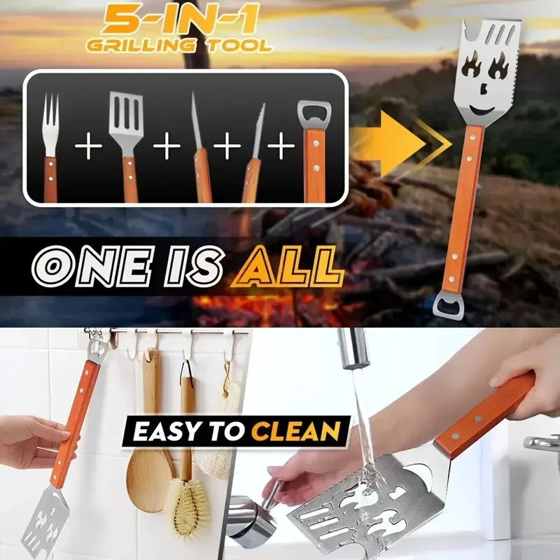 

Набор для барбекю из 4 предметов, вилка, лопатка, щипцы из нержавеющей стали, деревянная ручка, многофункциональный портативный набор для гриля на открытом воздухе