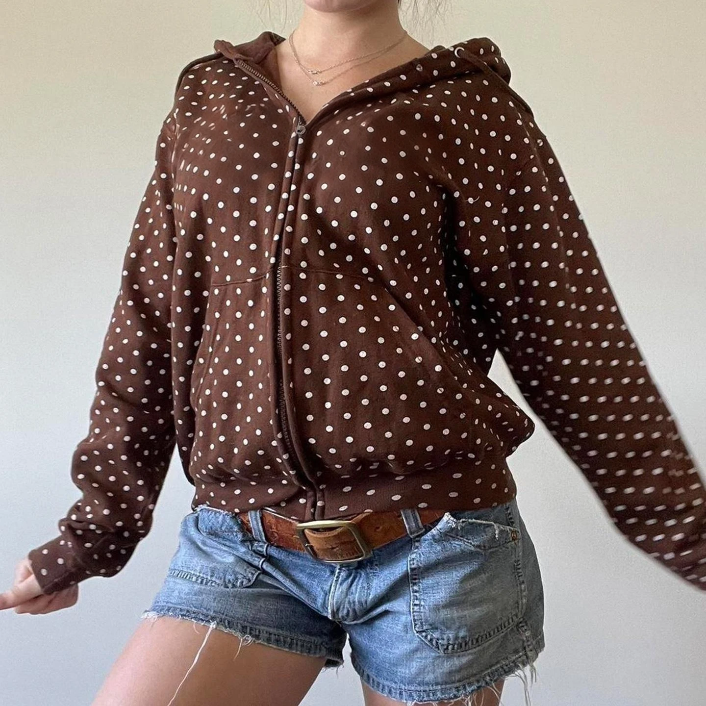2000s Women's Spring Autumn Hooded Sweatshirt Long Sleeve Dot Print Zip Up Hoodie with 2 Pockets