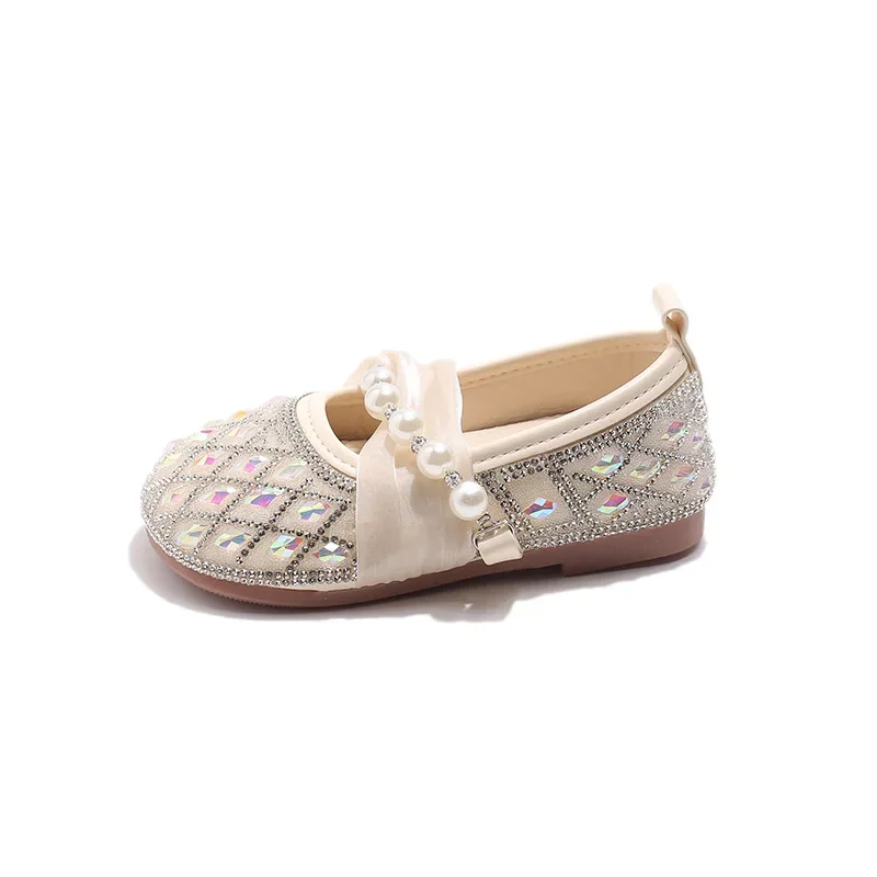 New Spring Fall Leather Shoes Girls Fashionable Crystal Lridescence Princess Shoes Soft Sole Non-Slip Square Dance Little Lady