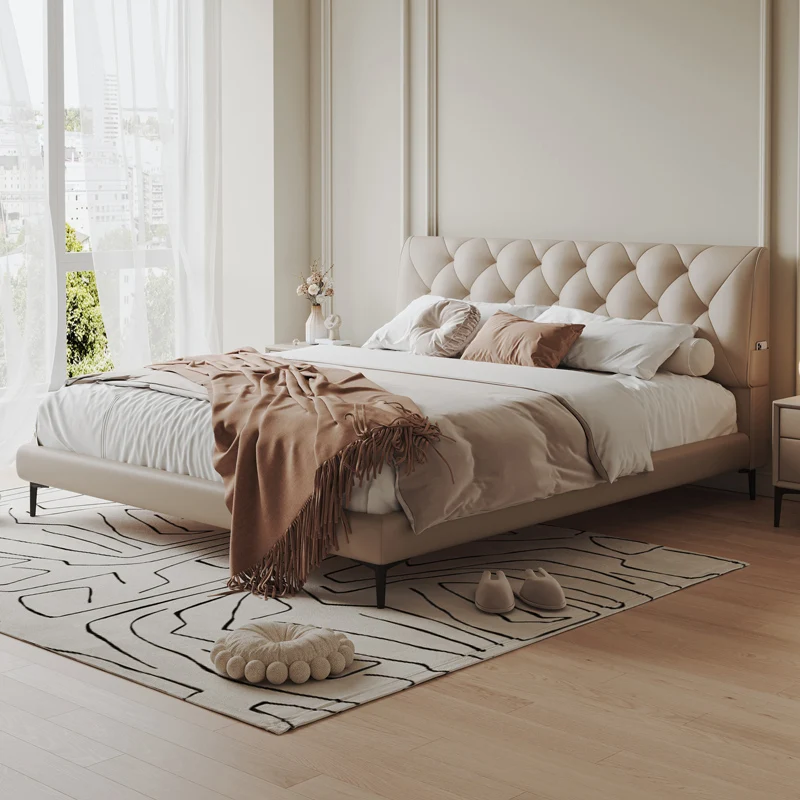 

Leather bed bedroom Italian minimalist buckle French light luxury double princess room 1.8 meters soft bag wedding leather art