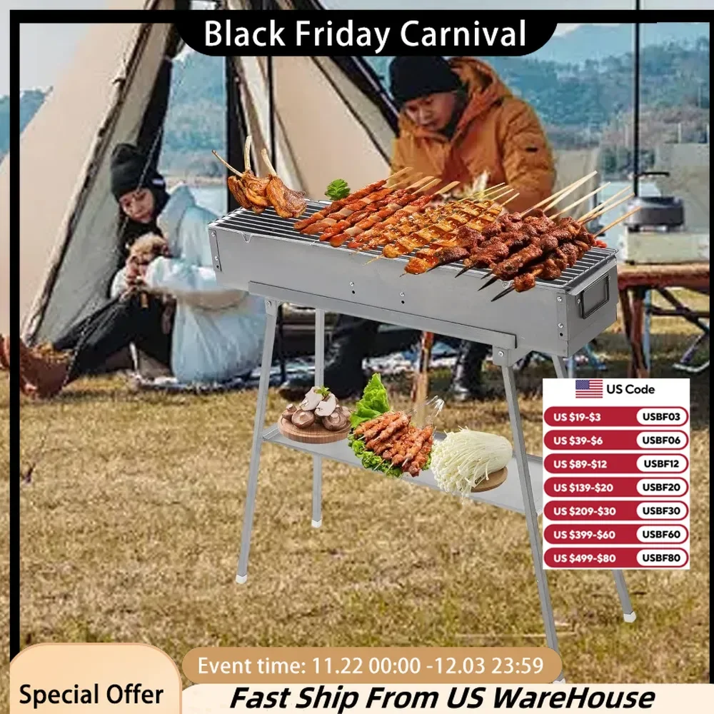 Portable barbecue grill. With foldable stand. Adjustable vents. Great for outdoor barbecues. Picnic. Camping backyard party