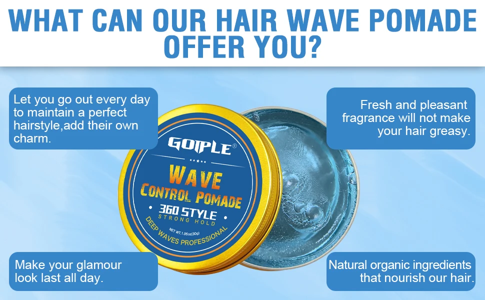 GOIPLE Men Wave Control Hair Pomade Lasting Styling Hair Mud Waves Layered 360 Style Wax Cream Pirate Hat and Plastic Brush 4pcs