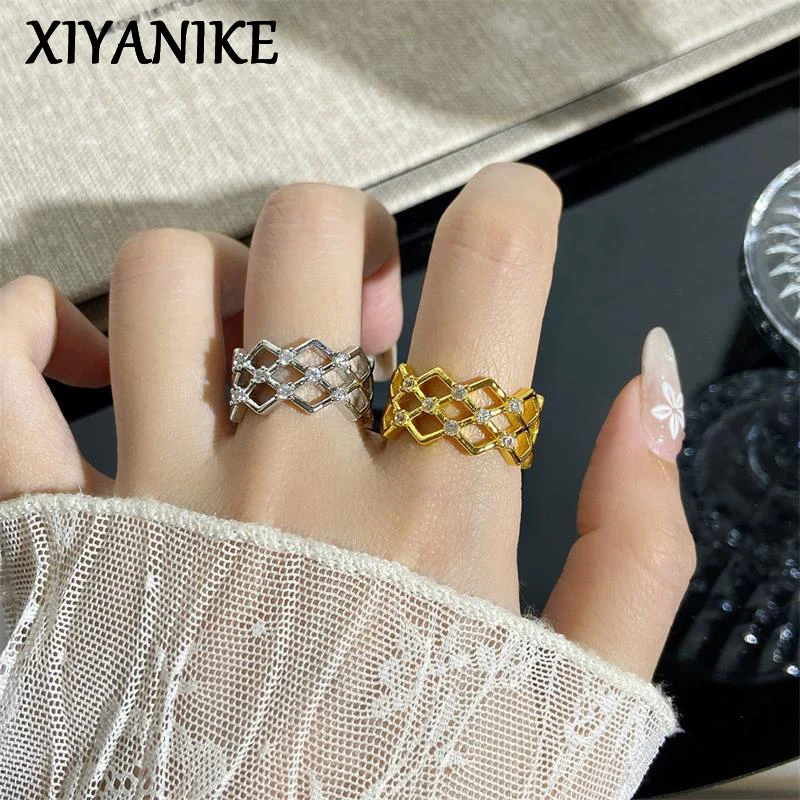 XIYANIKE French Hollow Grid Zircon Adjustable Finger Rings For Women Girl Fashion New Trendy Jewelry Gift Party Wedding Anillos