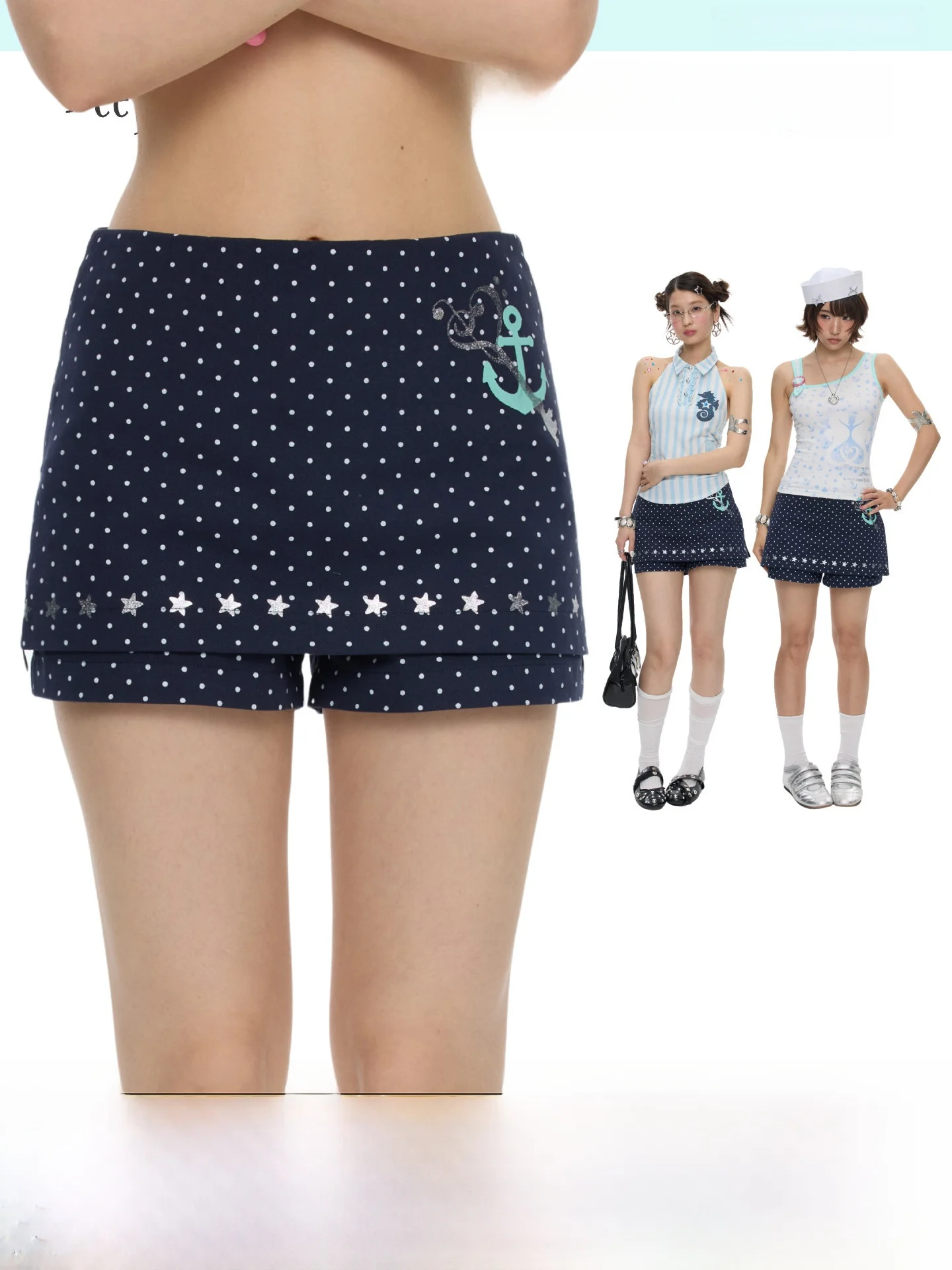 

Summer Deep Blue Polka Dot Print Skirt Pants Half Skirt Shorts Versatile Slimming High Waist Cotton Commute Style Women's Fas...