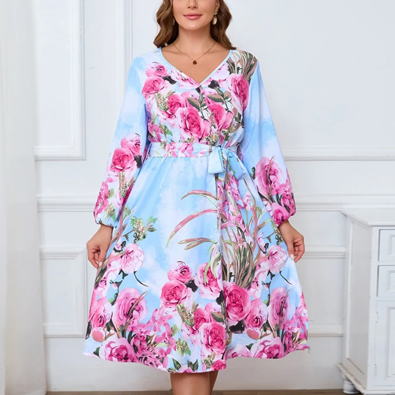 Tinaa Holiday Plus Size Dresses Women 2025 Spring Autumn New A-line Printing Lantern Sleeve Party Beach Long Dress with Belt
