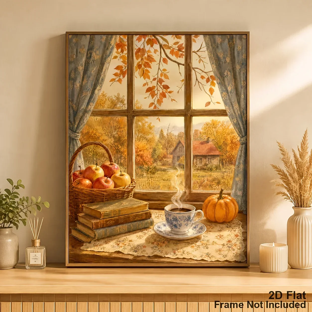 1pc Frameless Home Decor Canvas Poster (No frame)2D Flat, Vintage Autumn Cottage Window Wall Art - Falling Leaves, Apples, Pump