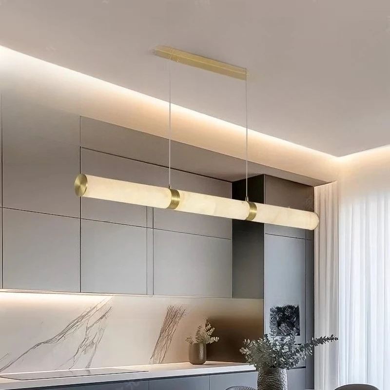Modern Luxury Gold Linear Chandelier Artificial Marble Large Pendant Lamp for Dining Room Table Kitchen Island Home Decoration