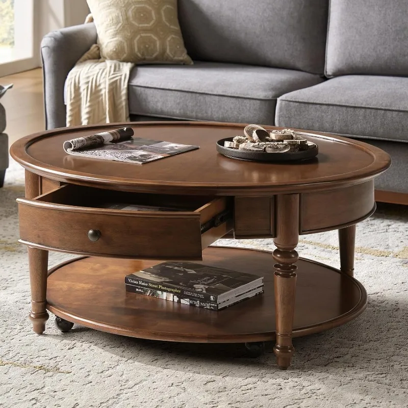 

Round Coffee Table with Casters, Wood Coffee Table Movable with Drawer/Shelf, 2-Tier Classic Traditional Center Tabl