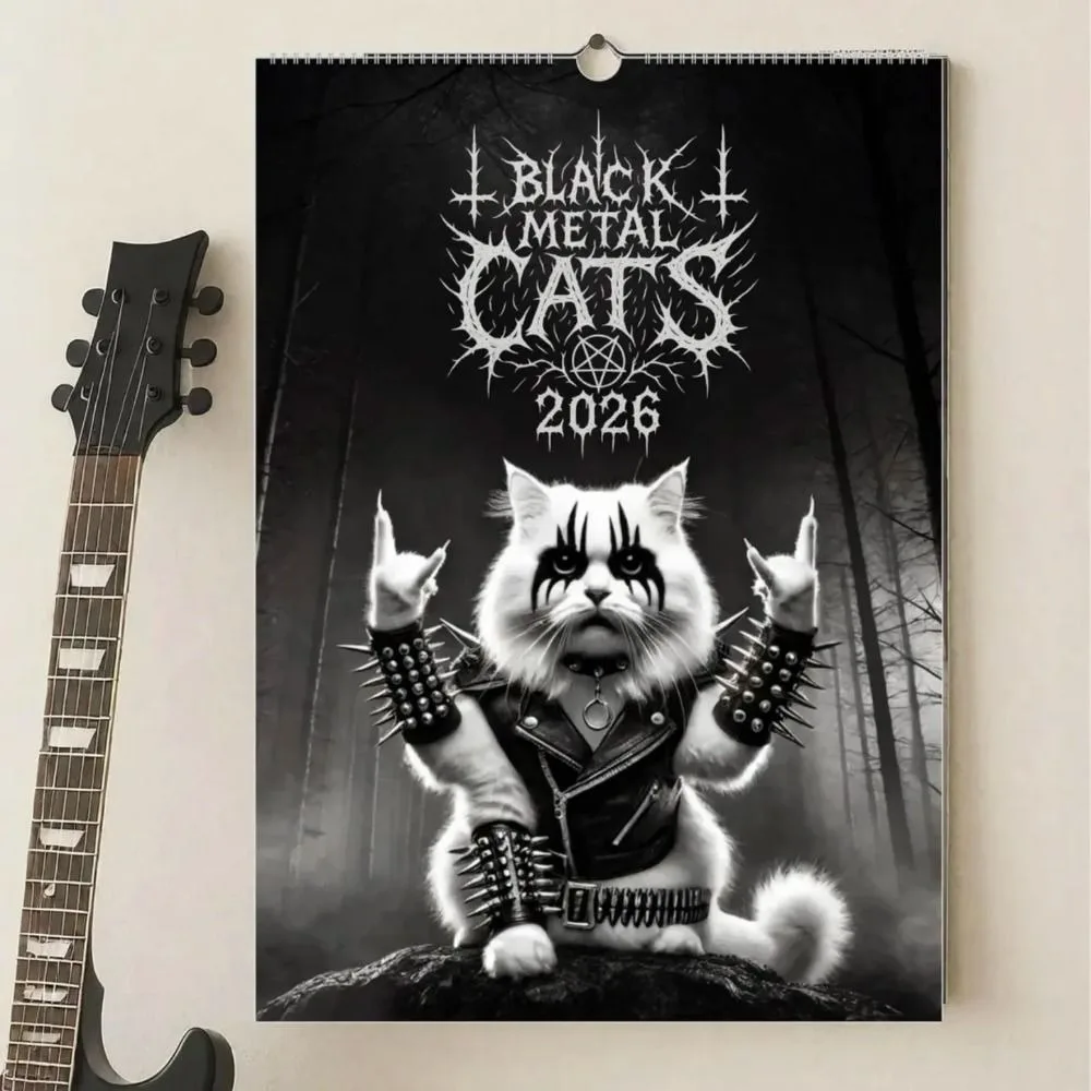 

New Year Black Metal Cats 2026 Wall Calendar 2026 Heavy Metal 12 Months of Cats Art Planner Cat Lovers