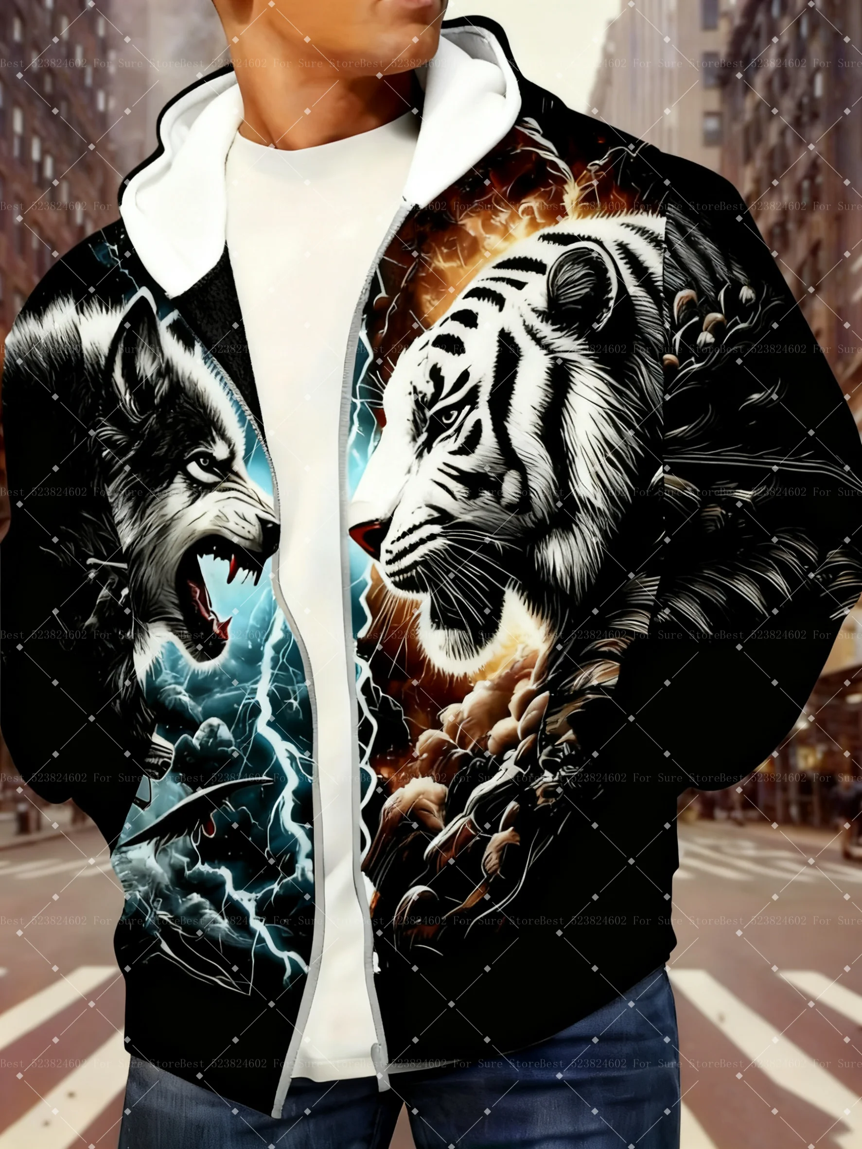 الرجال النمر الذئب طباعة الرمز البريدي هوديي كامل البريدي الجبهة الجانب جيوب مزيج سترة لخريف شتاء الرجال هوديس المرأة هوديي