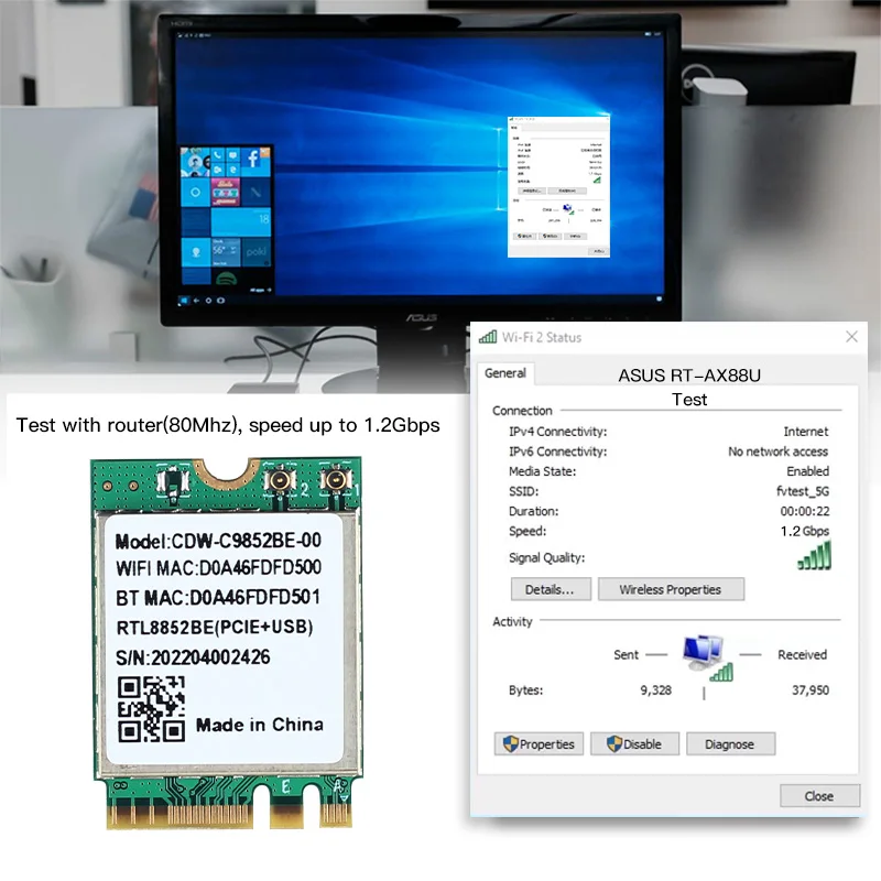WiFi 6 Dual Band AX1800 Realtek RTL8852BE M.2 NGFF Adapter Bluetooth 5.0 Wireless 802.11AX 2.4G/5G Wlan WiFi Card For Laptop/PC