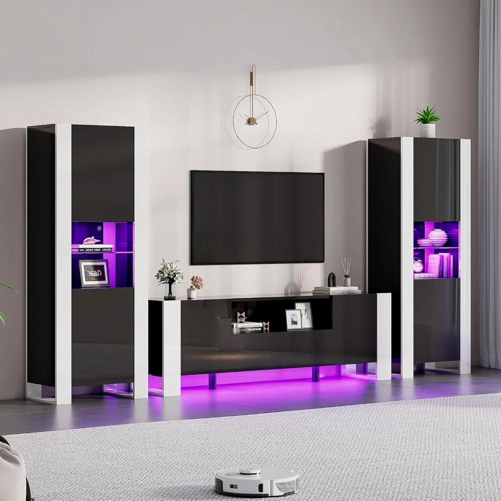 3-Piece Modern Entertainment Center Set with LED Lights, High Gloss 70