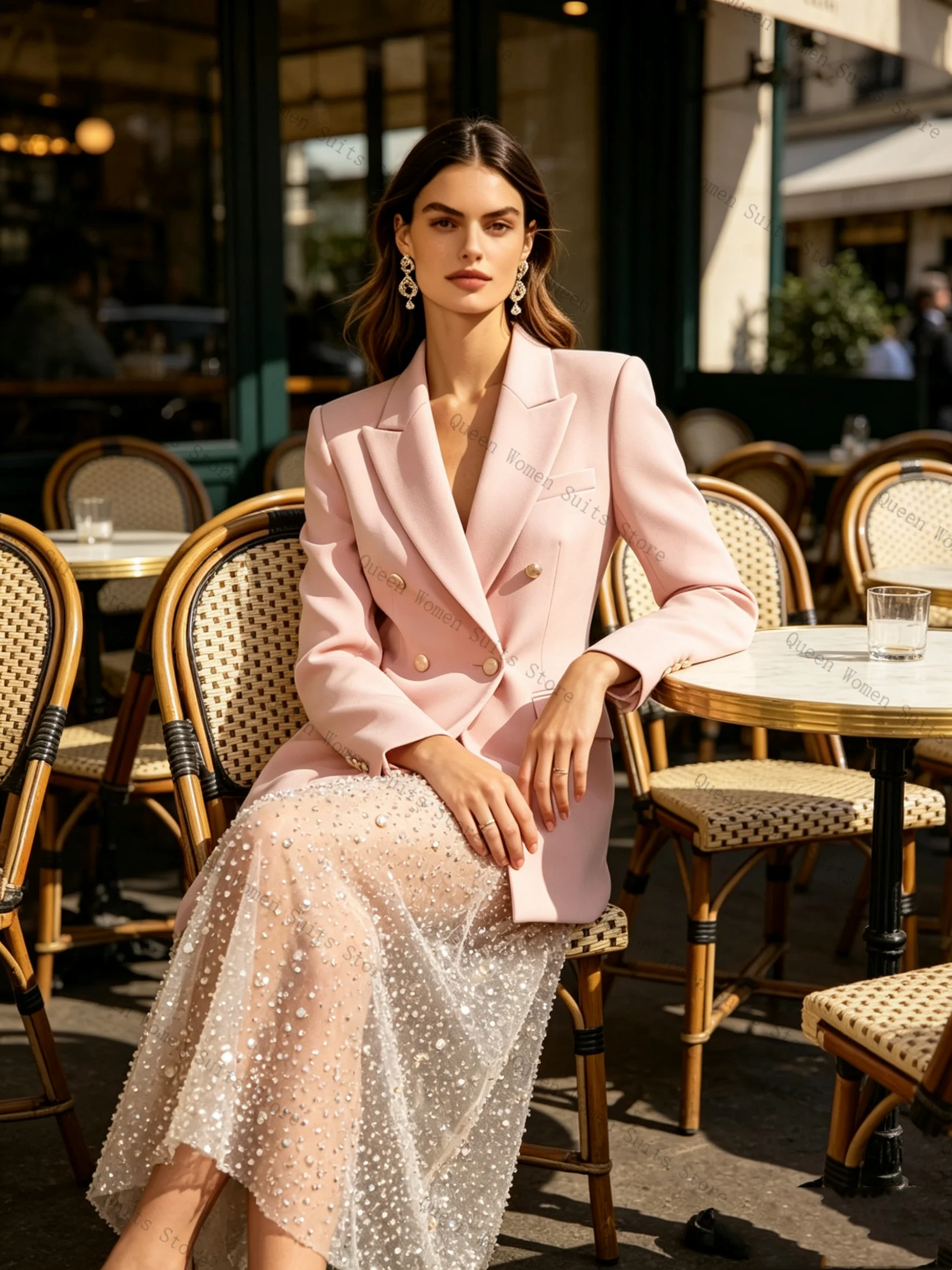 

Pearls Pink Women Suit Skirt Set 2 Pcs Blazer Prom Dress Luxury Spring Formal Office Lady Jacket Wedding Coat Customized