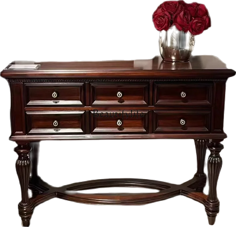 

American Country Solid Wood Living Room Entrance Cabinet Classic Roman Columns Vintage Carving Storage Drawer Cabinet