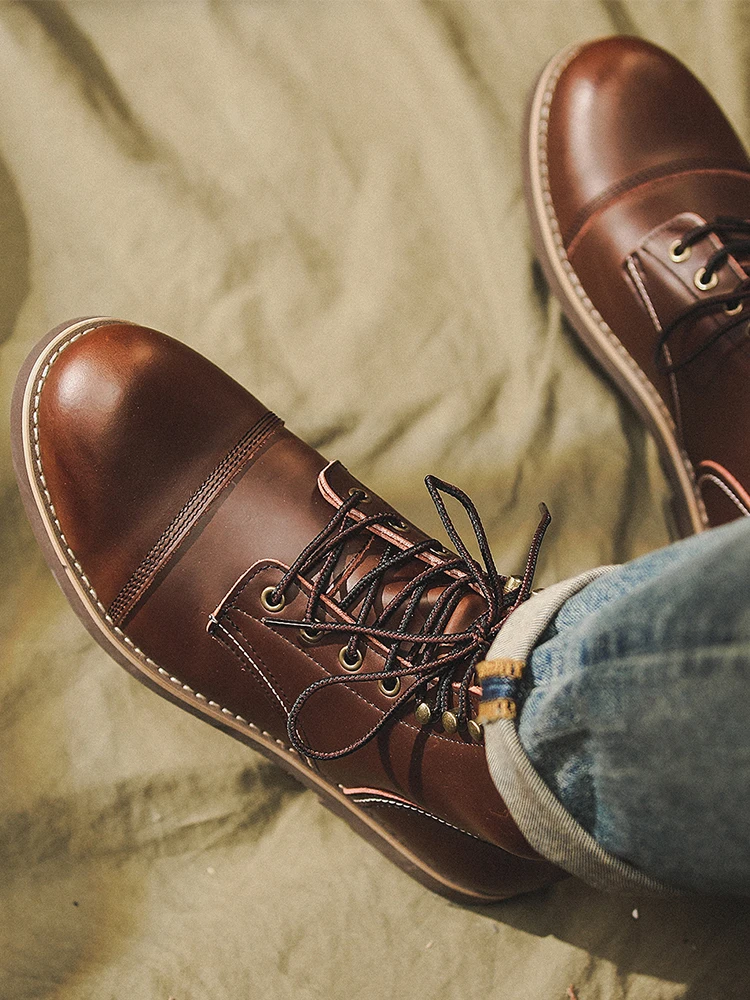 

Classic American Retro Work Boots Men's oes Medium High Top Boots Two Layer Cowhide Vintage Sle Breathable Wear Re...