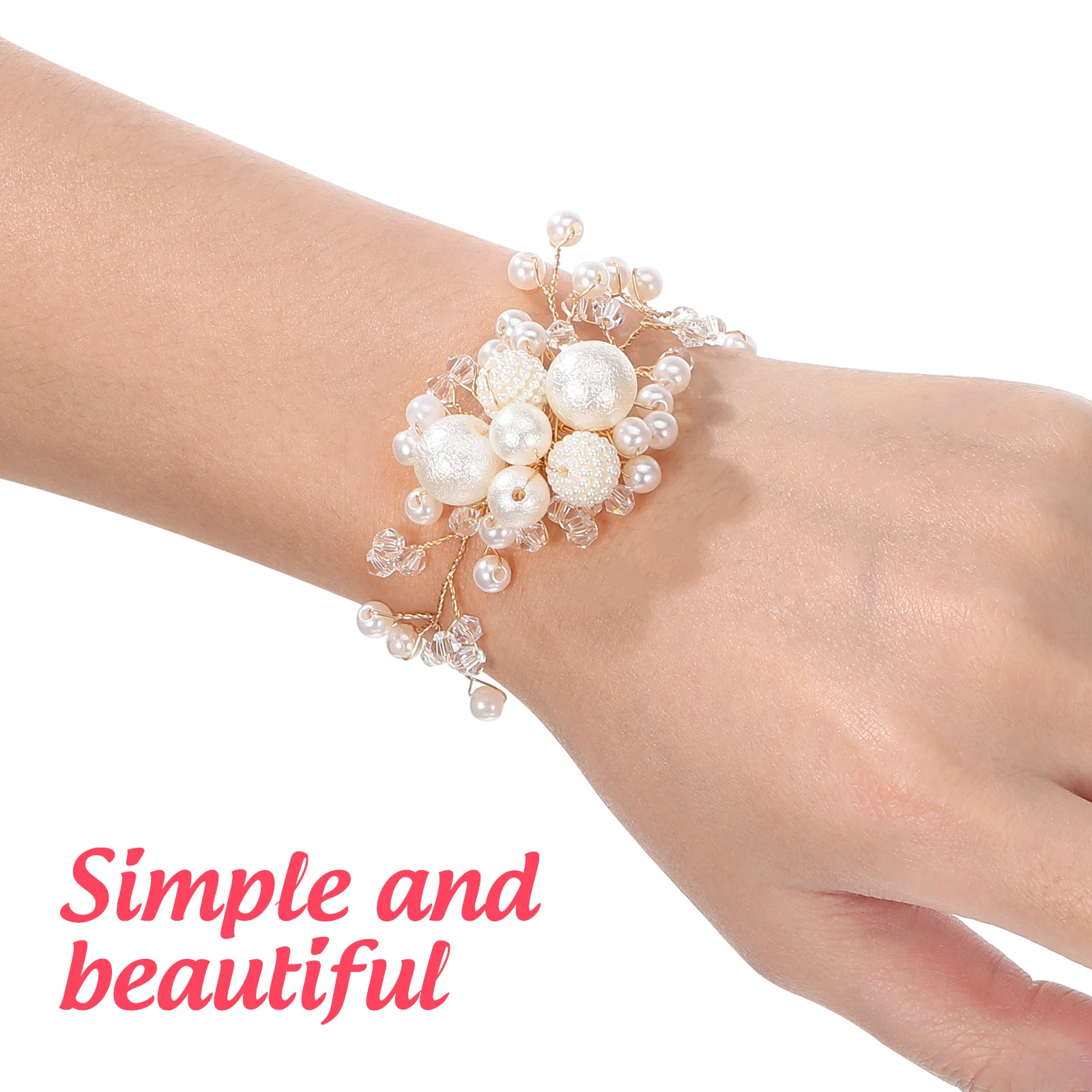 Cuentas decorativas de flores de mano con perlas, pulsera cómoda para novia, boda, muñeca, flor, damas de honor, flores de mano, fiesta de baile