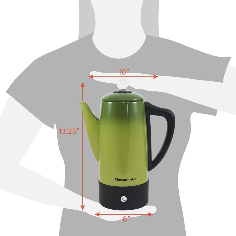 Electric Coffee Percolator Clear Brew Progress Knob Cool-Touch Handle Cord-less Serve, 12-Cup, Retro Green.