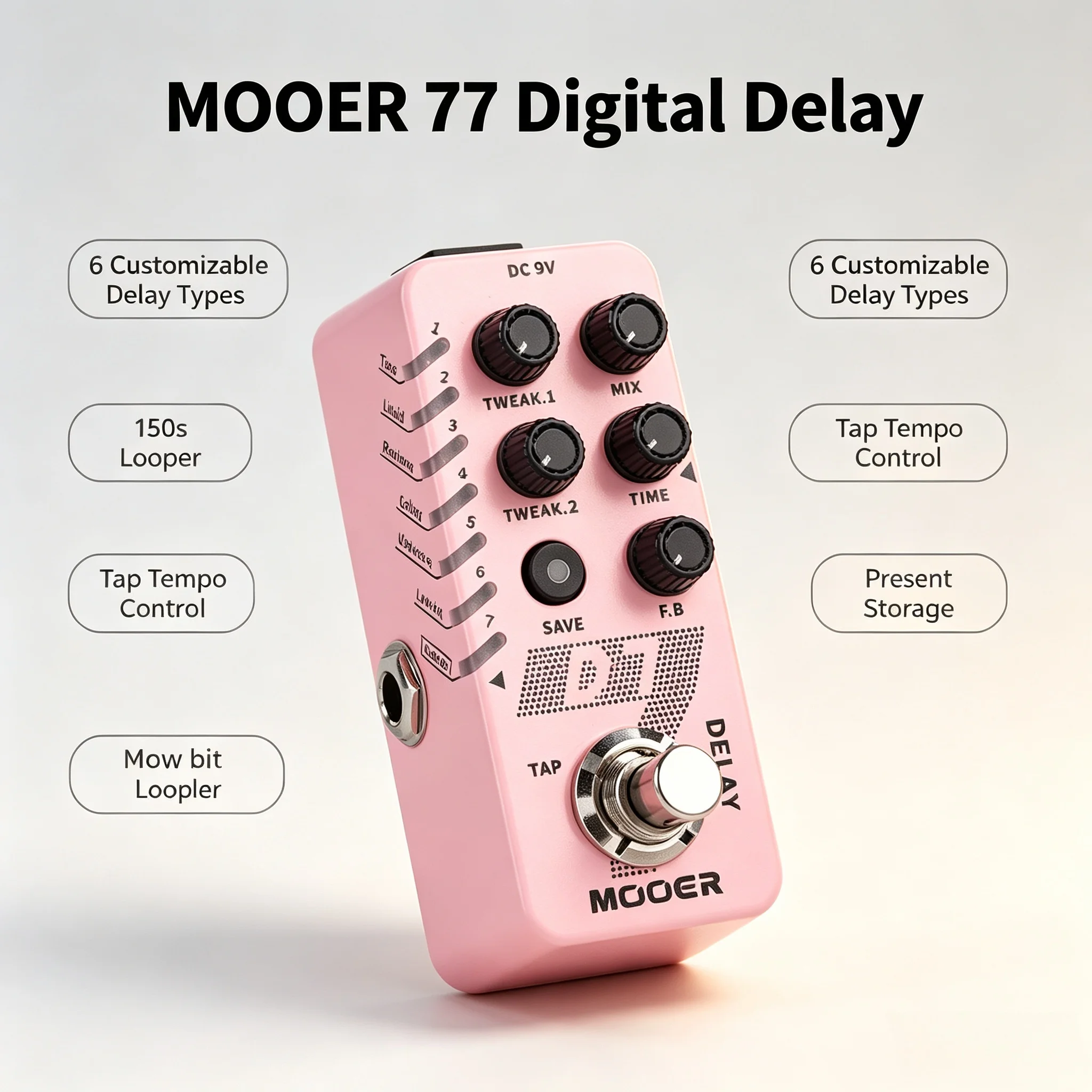MOOER D7 Digital Delay Guitar Effects Pedal 6 Customizable Delay Types Tap Tempo 150s Looper Tail ON Preset