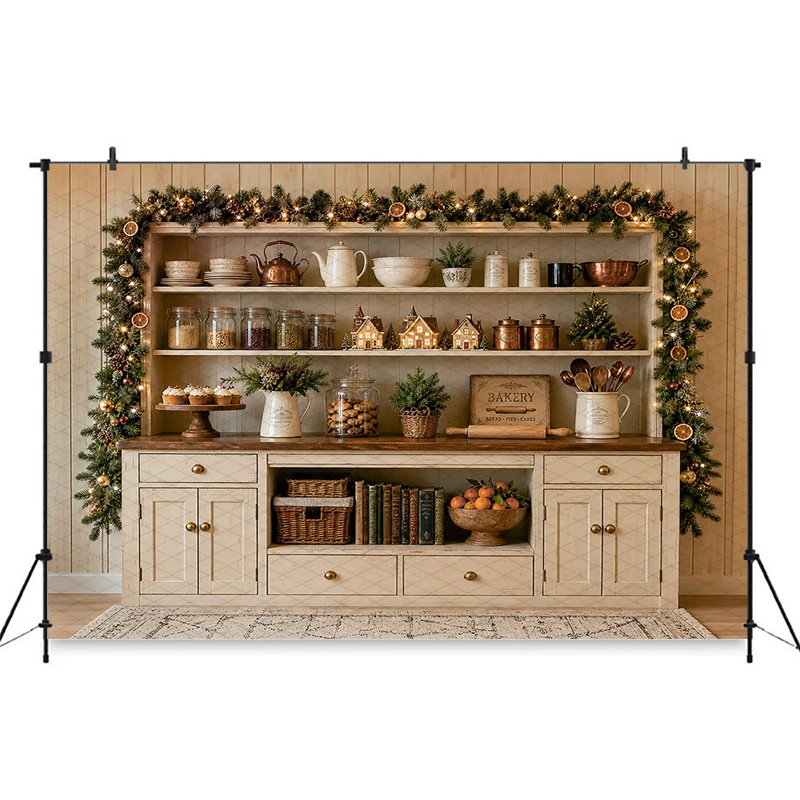 Mocsicka Christmas Photography Background Farm Kitchen Bakery Ornament Garland Wooden Floor Baby Children Xmas Party Studio Prop